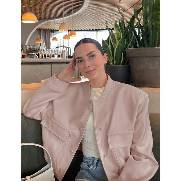 Women Pink Cropped Bomber Jacket Button Down Varsity Shacket with Pockets - Picture 3 of 4